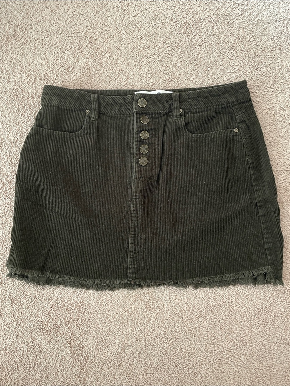 Corduroy Button-Front Mini Skirt in Dark Olive